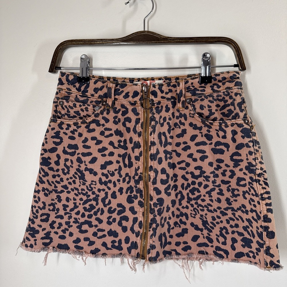 Free People We The Free Size‎ 25 Front Zip Animal Leopard Print Denim Mini Skirt